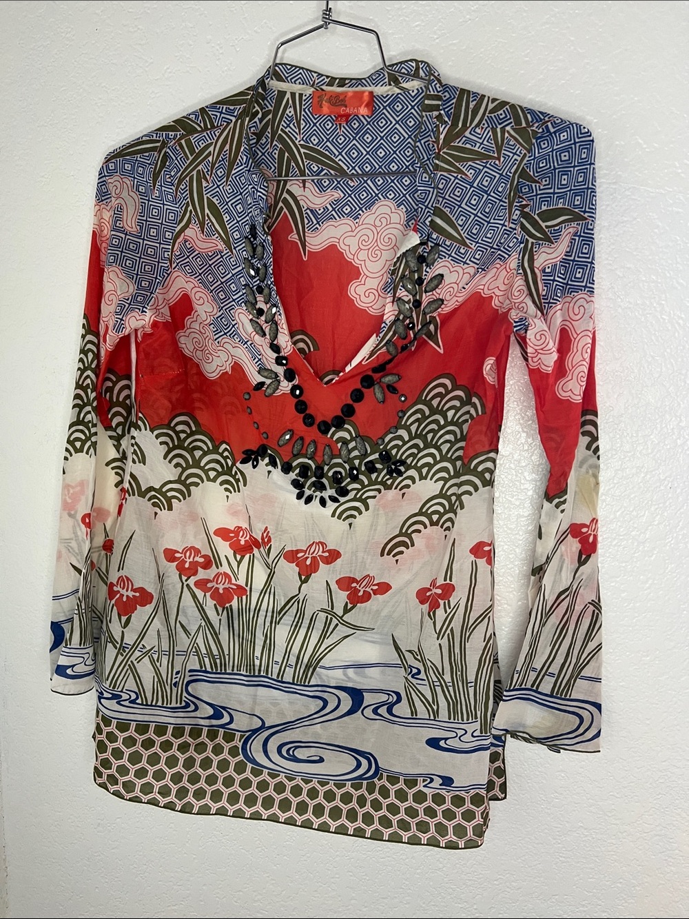 Hale Bob cabana long-sleeve silk v neck tunic floral beaded size xsmall